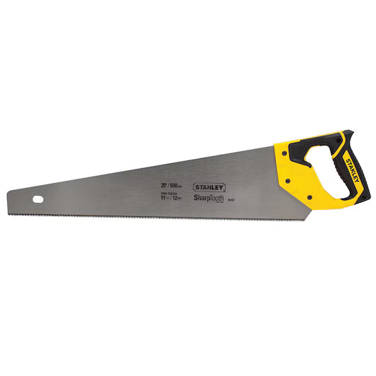 The STANLEY Panel Saw features a 20 in high-quality steel blade and an ergonomic composite handle, perfect for crosscut and rip cuts in wood panels, plywood, MDF, and various carpentry or DIY tasks.